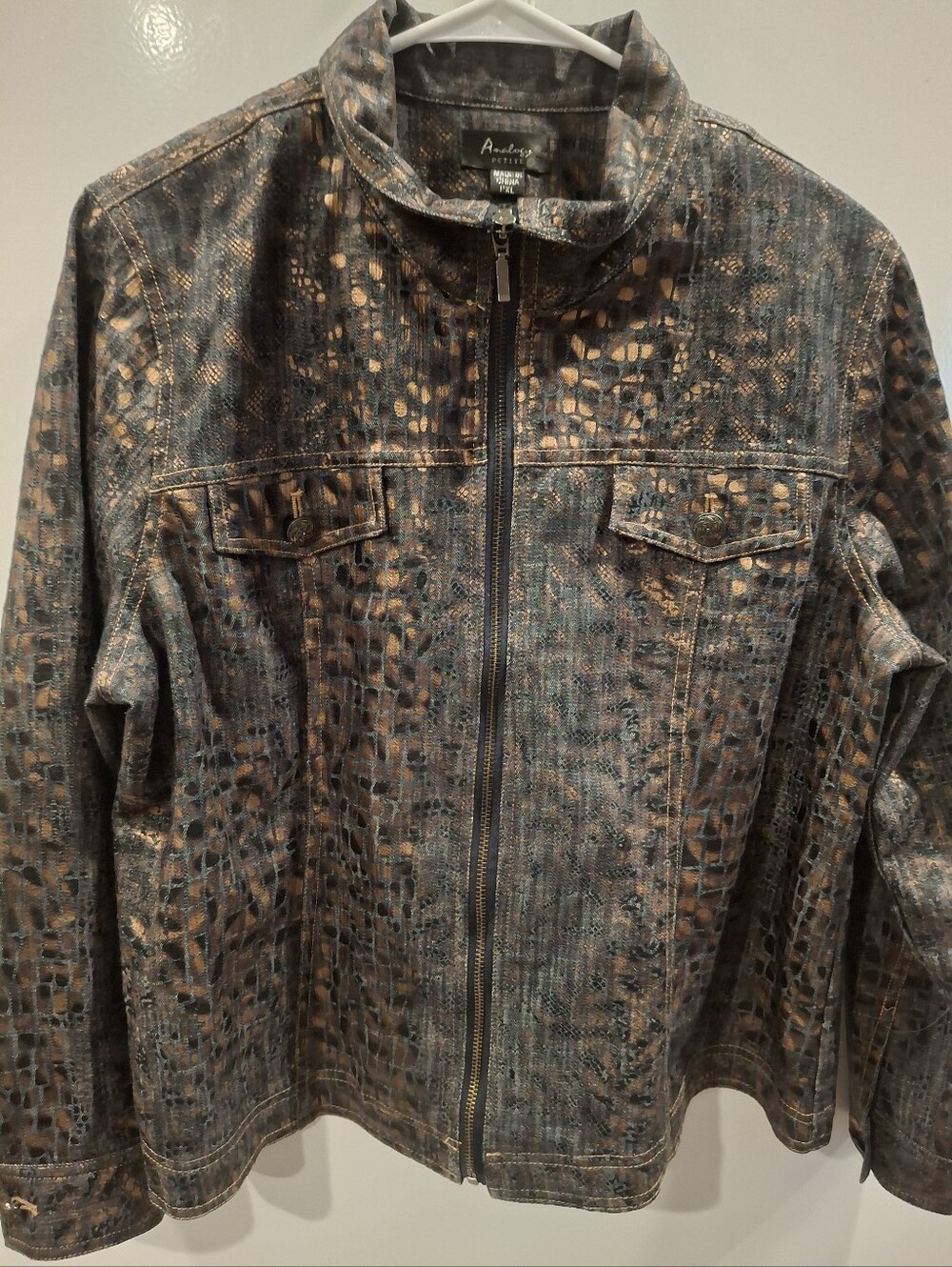 Analogy Denim-Style Zip Front Jacket in Brown/Black Animal Print